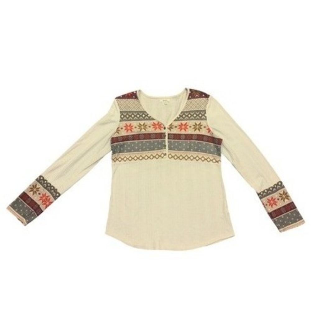 Maurices Cream Long-Sleeve Henley with Multicolor Fair Isle Bands